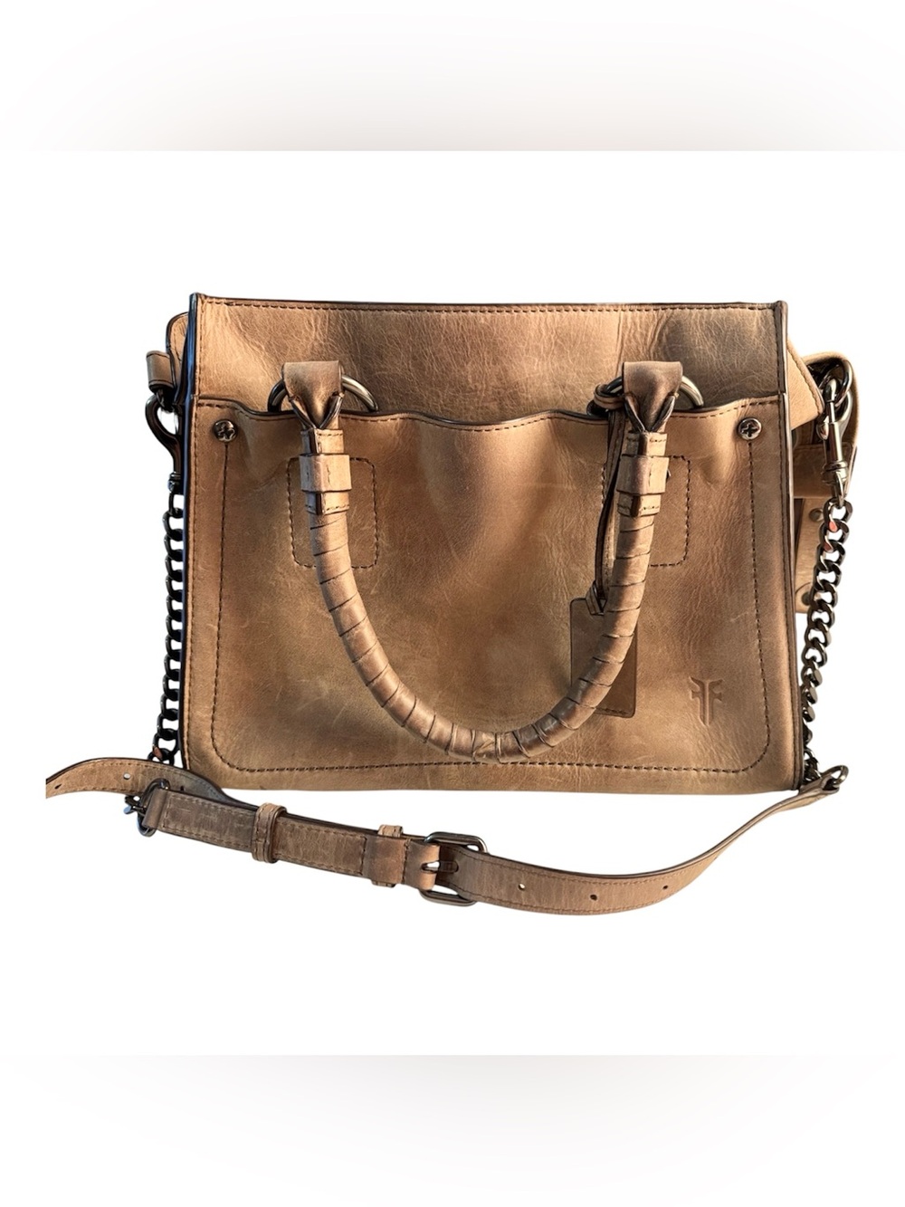 Frye Demi Leather Satchel Crossbody Bag Boho Taupe Gray Like New with Care Tags - Picture 3 of 11